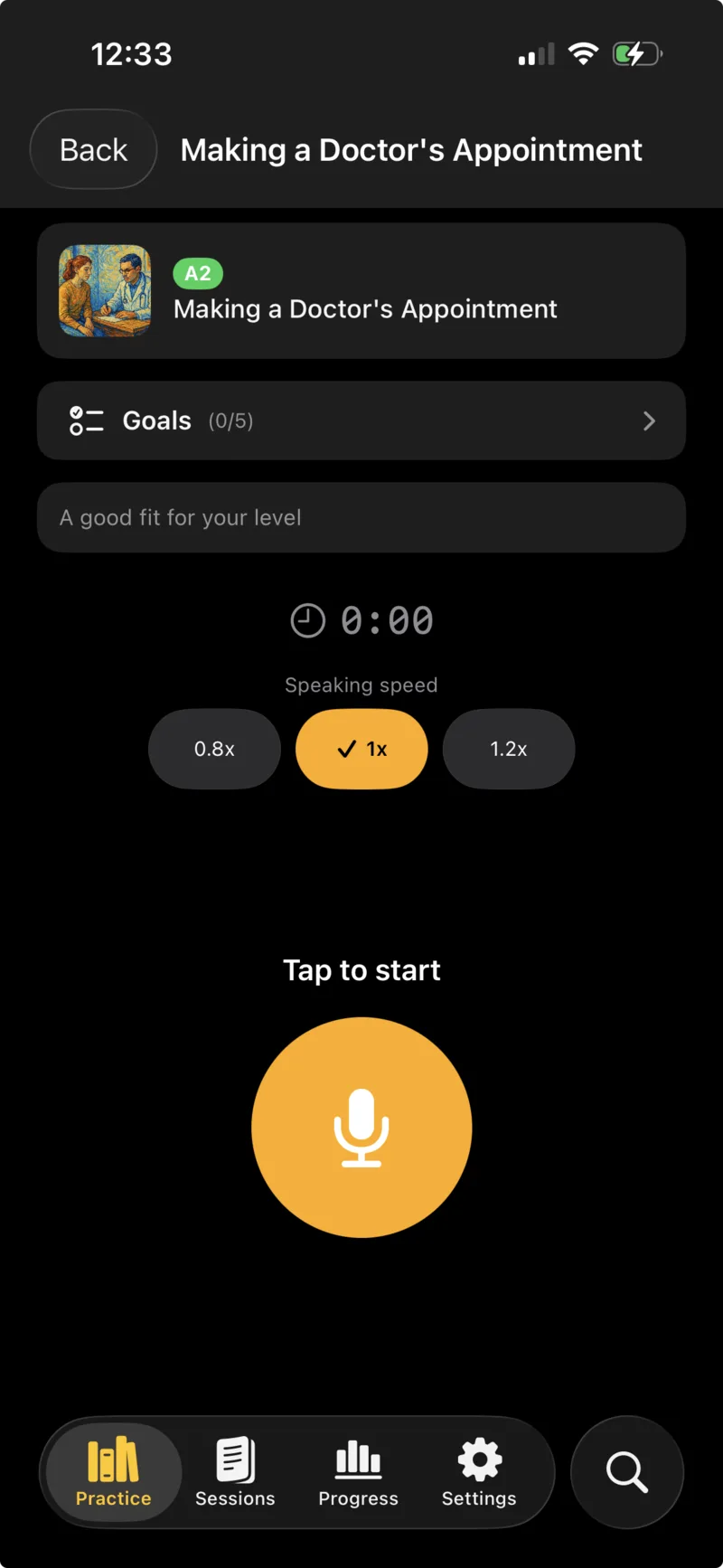 PraatMet conversation screen with goals, timer, and speaking-speed controls