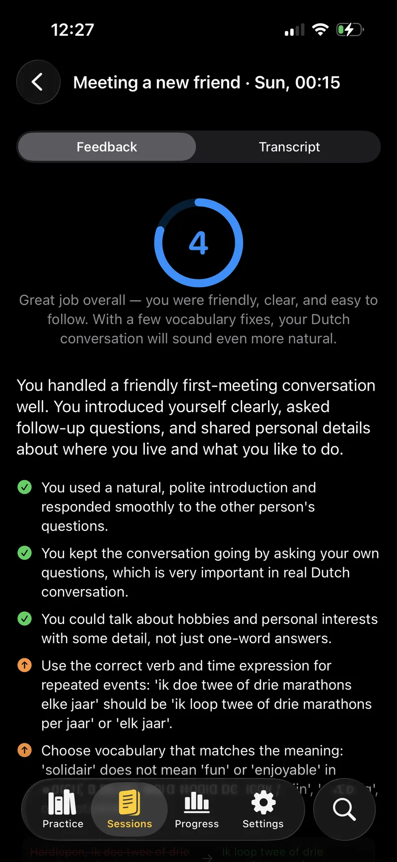 PraatMet feedback screen with strengths and corrections from a conversation