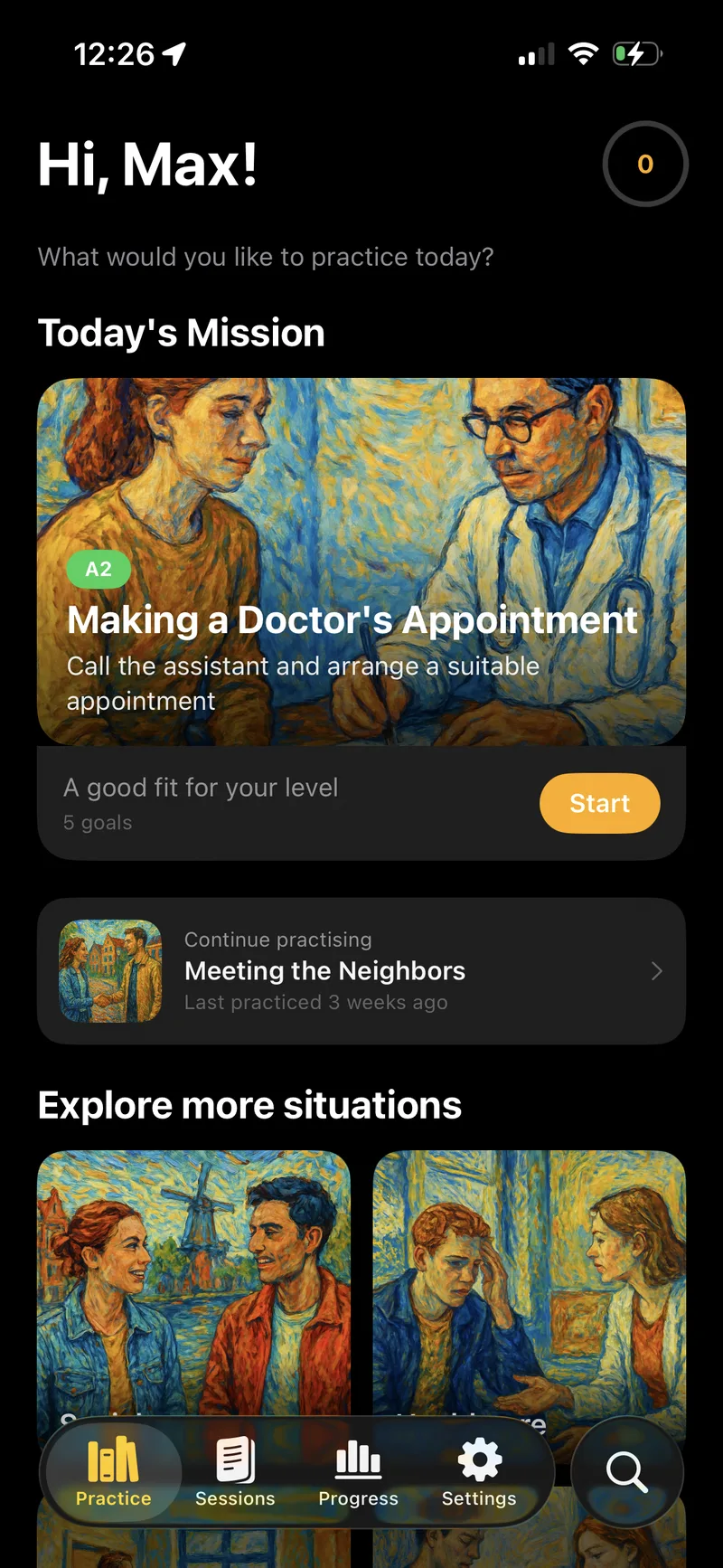 PraatMet home screen with today's mission