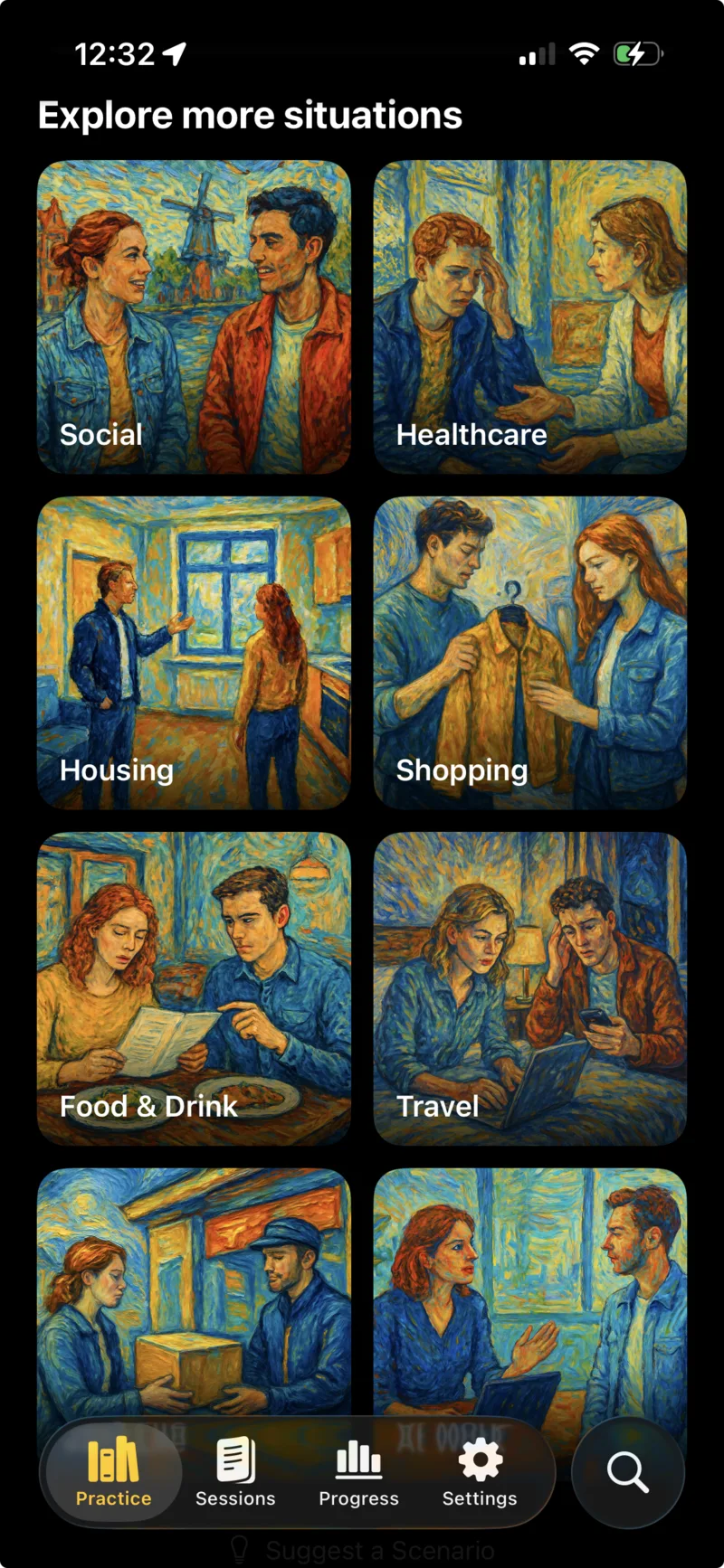 PraatMet scenario browser with categories for real-life situations